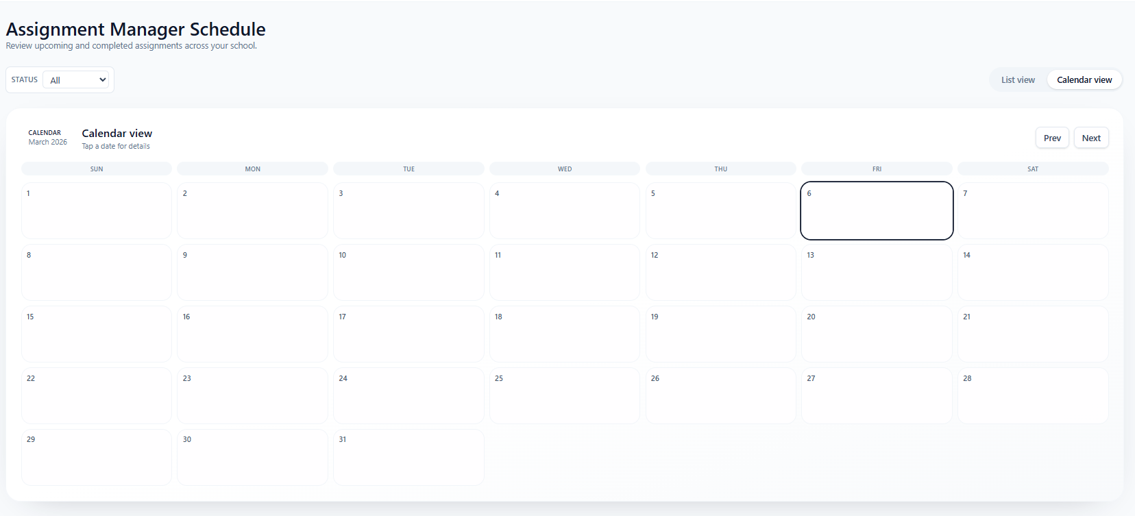 Assignment manager schedule calendar in SubTea
